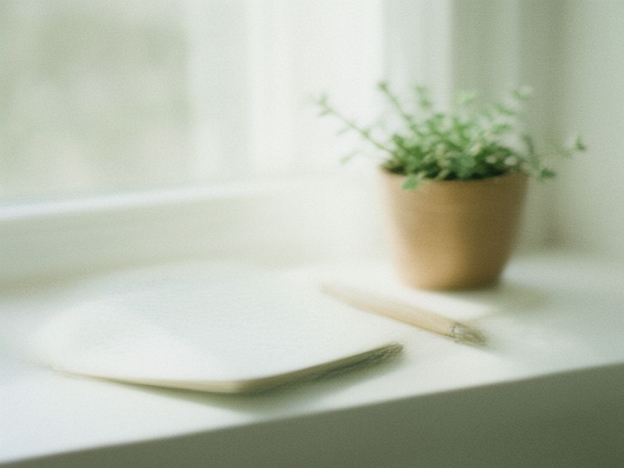 Journal and cup of tea on a window sill with morning light